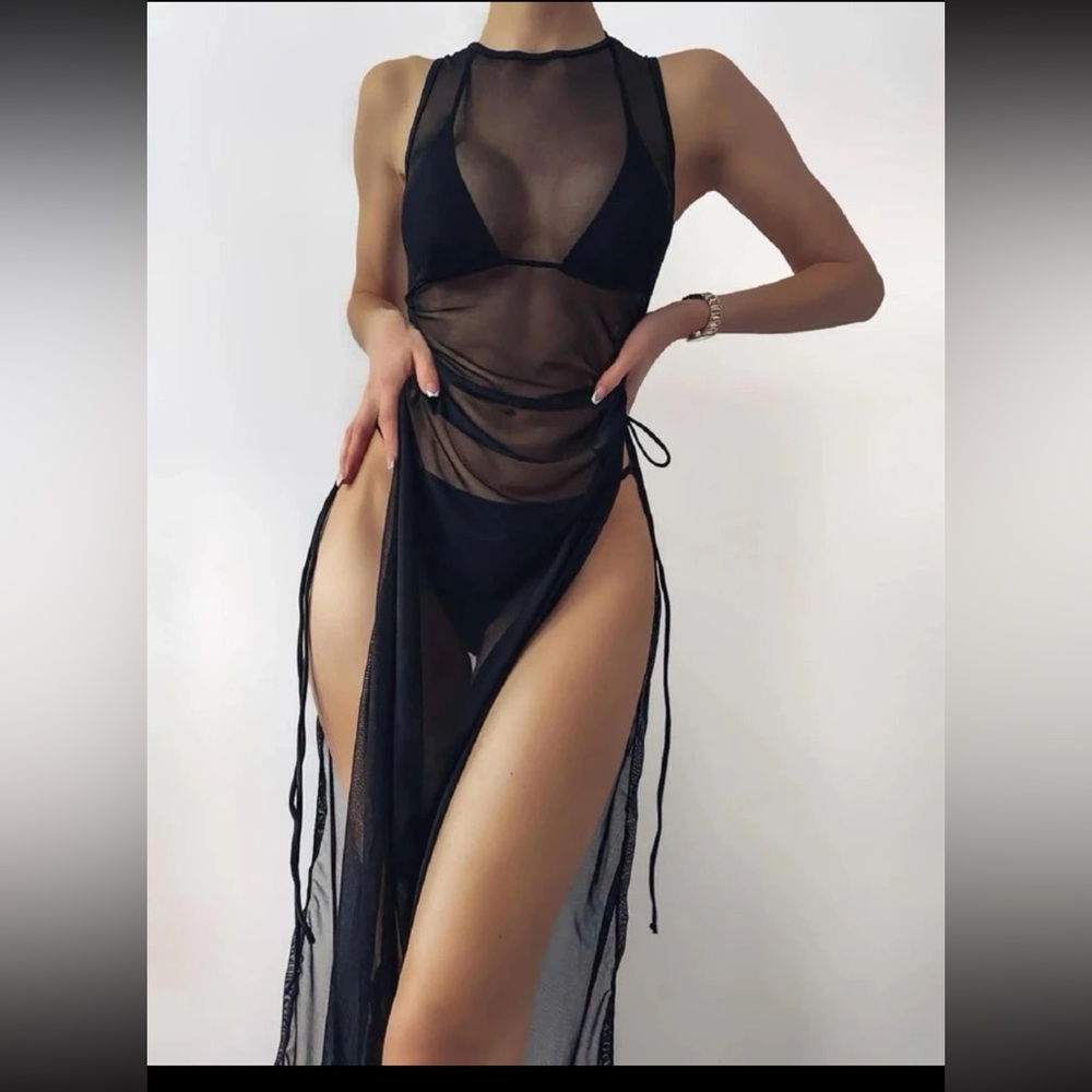 SHEIN black maxi dress bathing suit cover up. Sheer tie sides